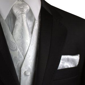Men's Formal Wedding Prom Homecoming Tuxedo Vest Tie Hankie set - White Paisley